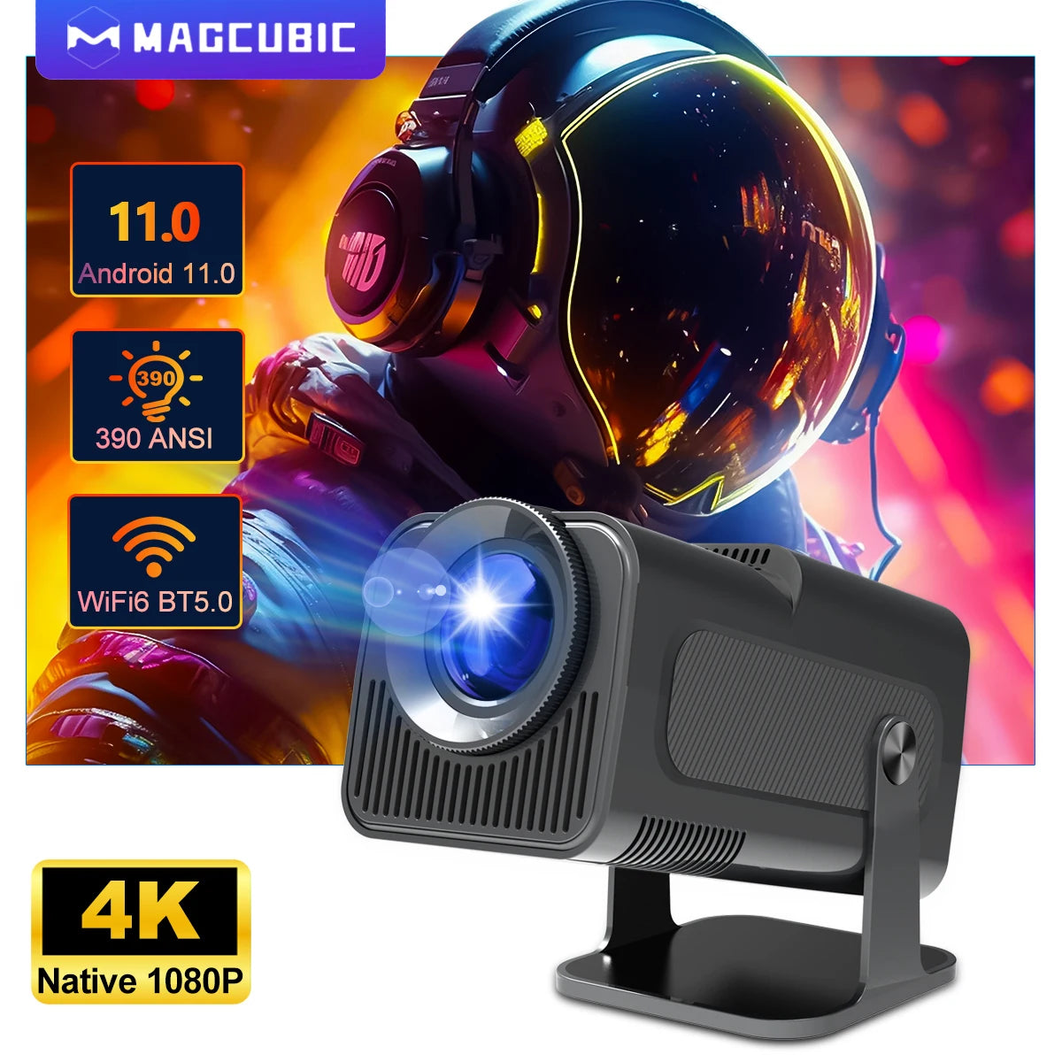 4K Android 11 Projector Native 1080P 390ANSI HY320 Dual Wifi6 BT5.0 1920*1080P Cinema Portable Projetor Upgrated HY300